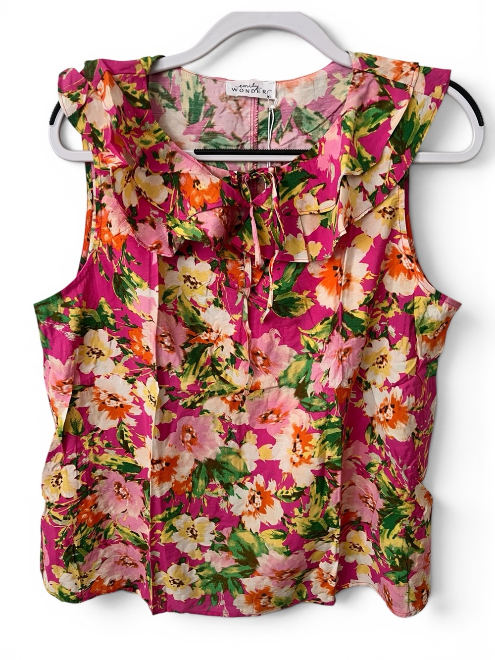 Emily Wonder Pink Floral Ruffle Tie-Neck Sleeveless Blouse NWT